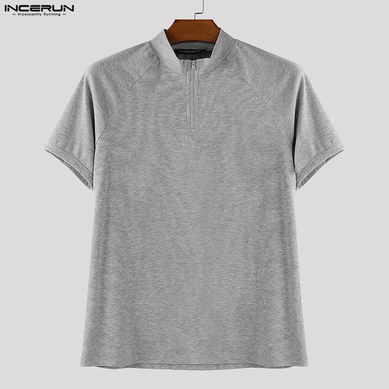 INCERUN Men Zip-up Turtleneck Short Sleeve Rib Fitted T-Shirts Tops