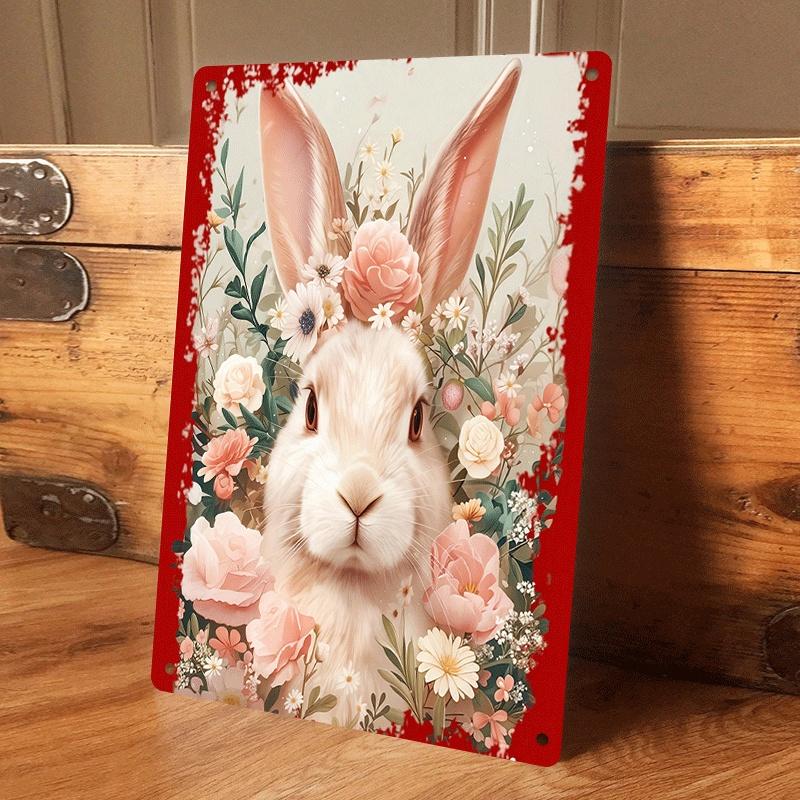 

1 piece of cute rabbit and flower tin wall hanging plaque, home wall decoration, living room/entrance hall art hanging, Easter g (as the picture,20x30cm)