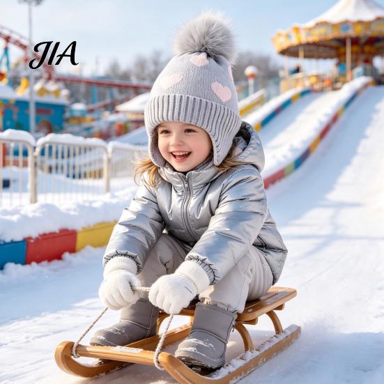 Cute Pom Knit Hat Kids Winter Hat, Warm Soft Pompom Cozy Gift for Children Heart Pattern, Earflap Boys Girls Toddlers Breathable