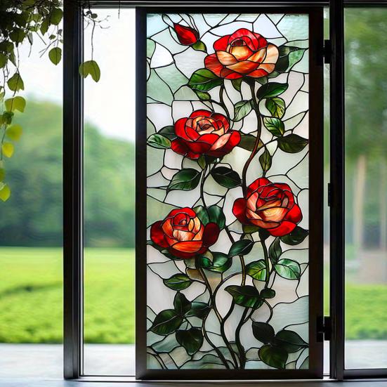 Yousheng Window Privacy Film Stained Glass Floral Static Window Cling Decorative UV Blocking Heat Control Glass Sticker for Glass Doors