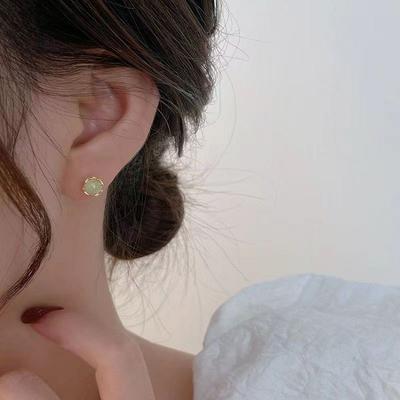 Retro Simple and Small Imitation Jade Stud Earrings Women's 111 Silver Needle Versatile Design Earrings High-end Temperament Earrings