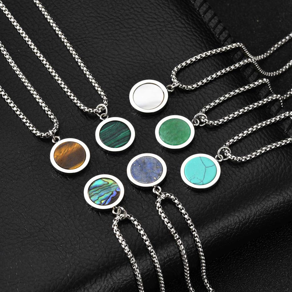 Round Pendant Necklace for Men Boys,Stainless Steel Tiger Eye Natural Stone Pendant Necklaces,Hip Hop Jewelry Gifts