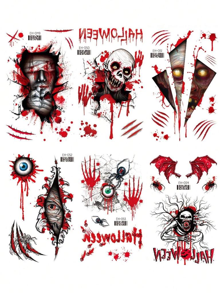 2/6pcs Hallween Horror Tattoo Sticker Realistic Fake Bloody Wound Stitch Scar Scab Masquerade Prank Makeup Props