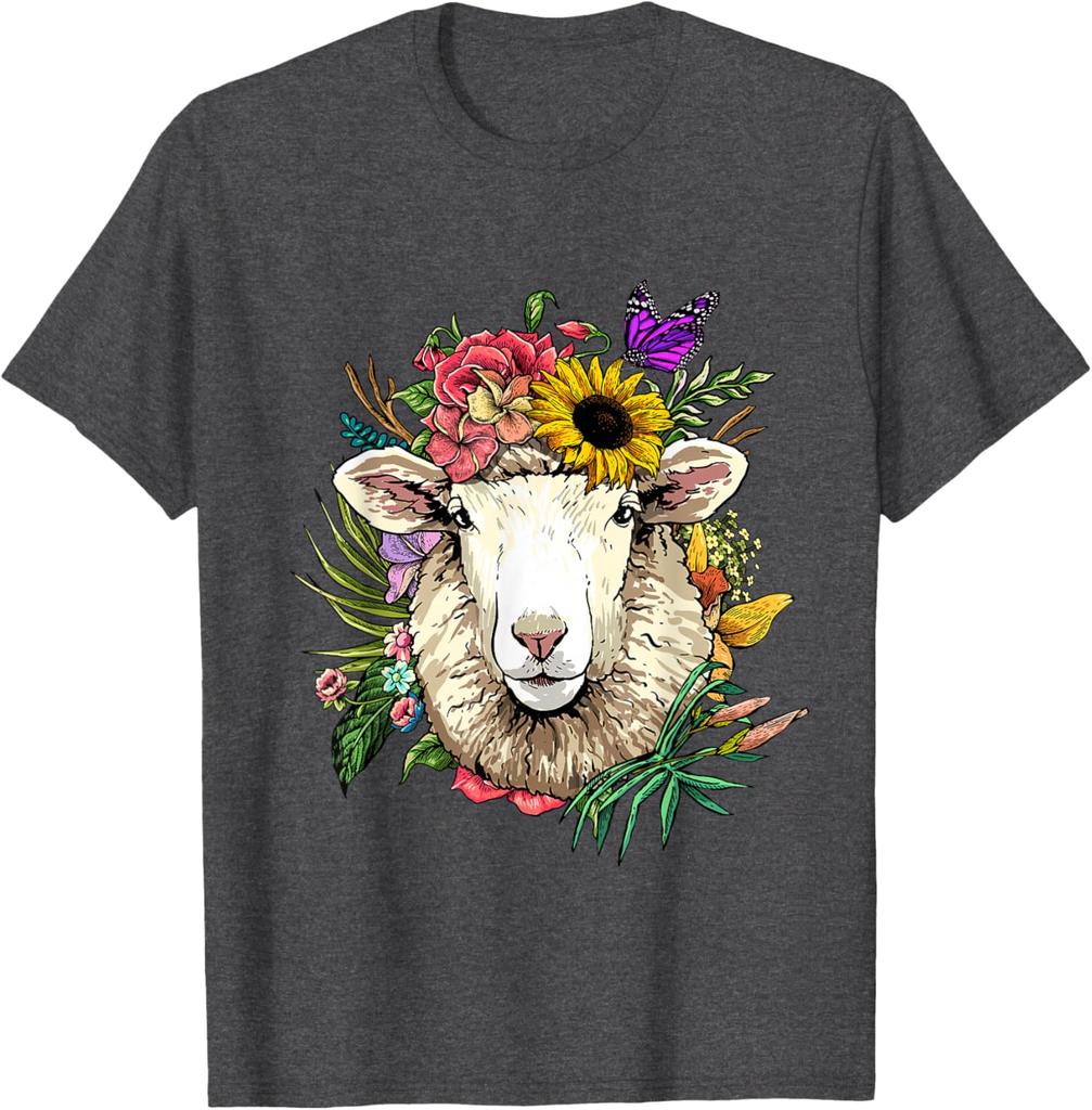 Blumen Schafskopf Kranz T-Shirt Tierliebhaber Bauernhof Grafik T-Shirt Frühling Sommer Freizeit