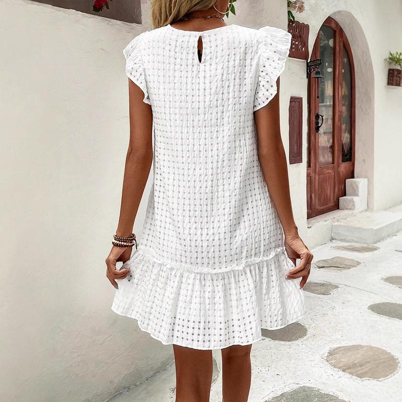 Women Bohemian Summer Casual Ruffles Cap Sleeve Pure White Holiday One Piece Dress