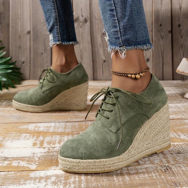 Women's Solid Color Stylish Shoes, Lace Up Low-top Platform Wedge Shoes, Espadrilles Round Toe Versatile Shoes