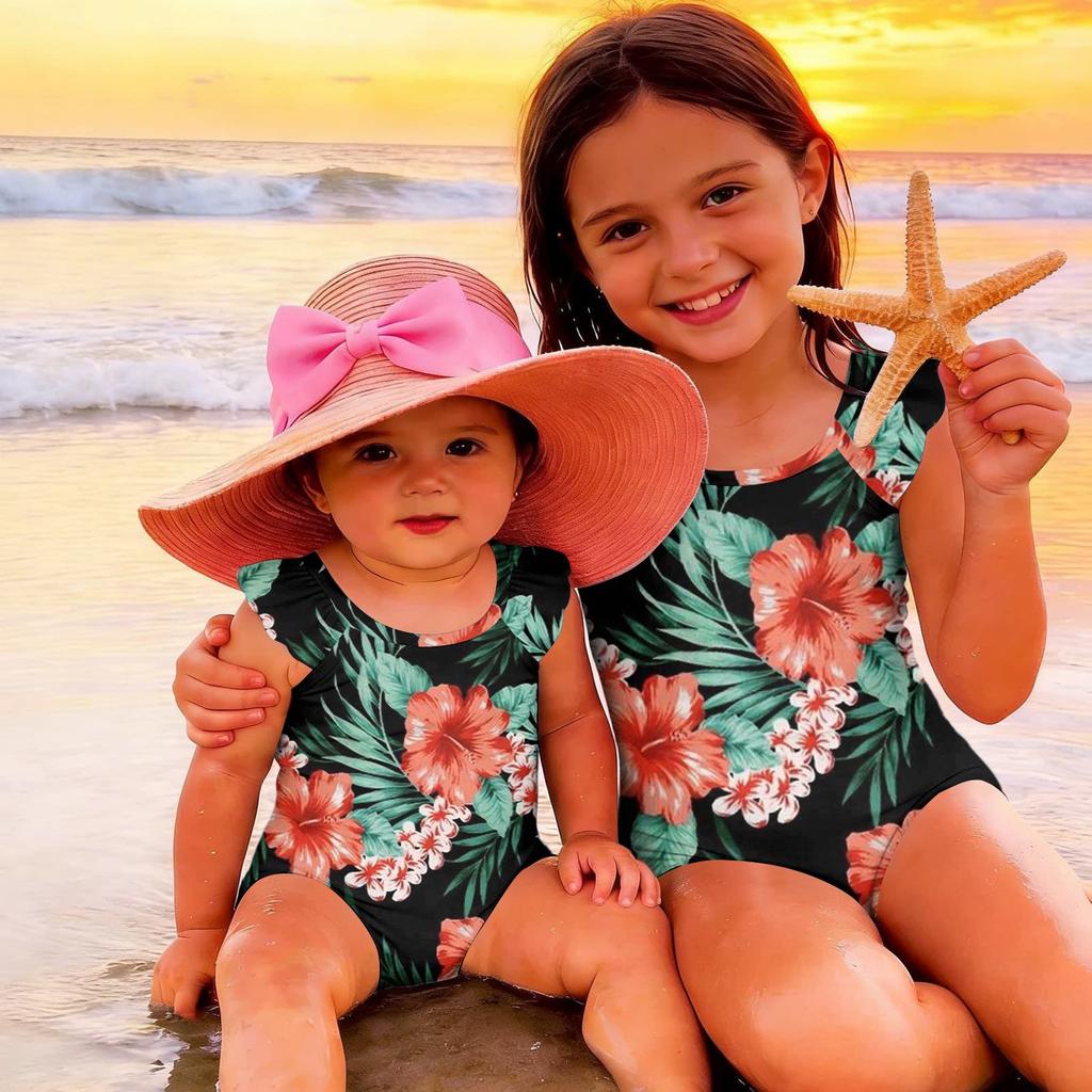 Girls One Piece Swimsuit Hawaiian Print Kids Swimwear Toddler Child Beachwear Sleeveless Ruffle Shoulder Bathing Suit for Summer Pool