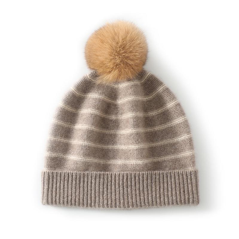 Women's Striped Cashmere Beanie with Ear Protection - Warm, Trendy Autumn/Winter Hat with Pom Pom