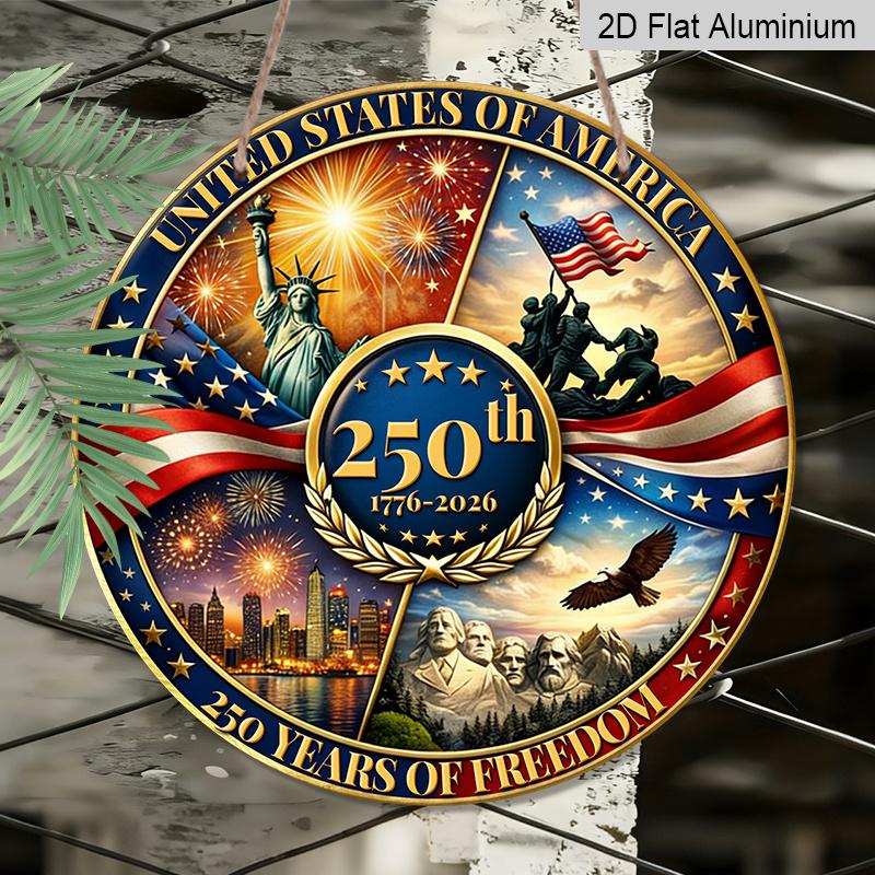 1776-2026 America 250th Anniversary Aluminum Door Hanger, Bald Eagle & Fireworks Sign, Patriotic Decor for Porch, Living Room & 4th of July Party