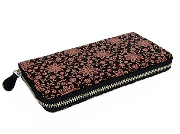[Inden-ya] Inden 2317 Wallet F, Black Deerskin with Pink Lacquer, Clematis Pattern, 10cm x 19cm x 2cm, Round Zipper Long Wallet