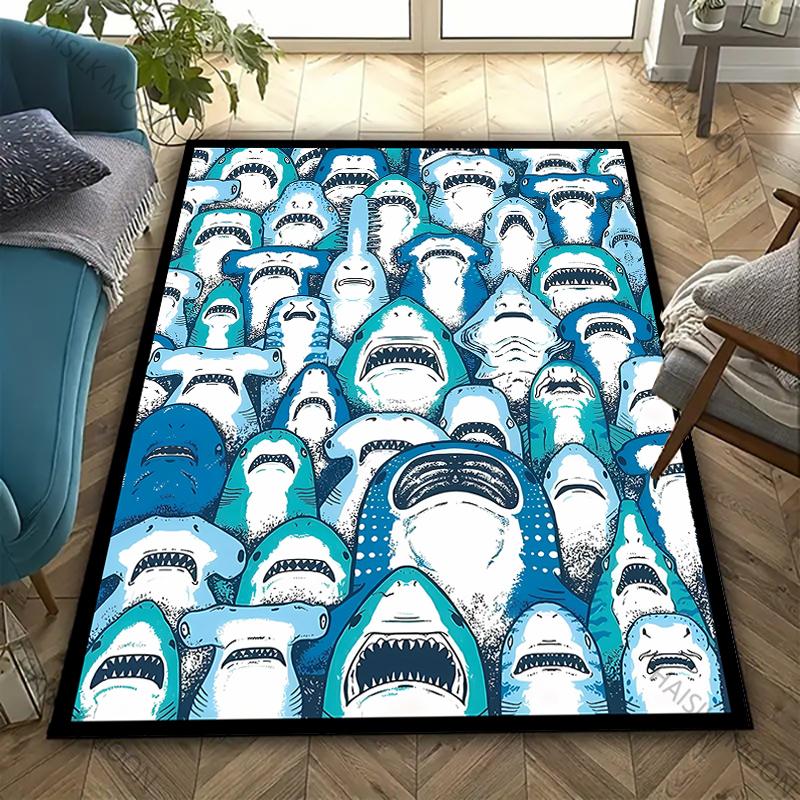 3D Shark Theme Printed Carpet Edgy Nautical Horror Statement Rug for Living Rooms Bedrooms, Office Areas, Durable Washable Mats