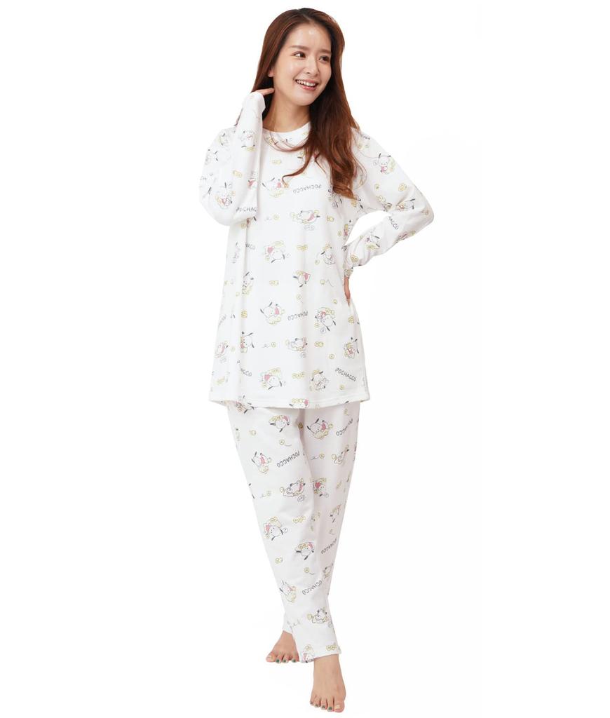 SAN1570 Pochacco Mini Fleece Brushed Pajamas Long Sleeve Long Pants Top and Bottom Set Room Wear Pochacco Sanrio Piyo Piyo Pochacco [Southzak] Women's