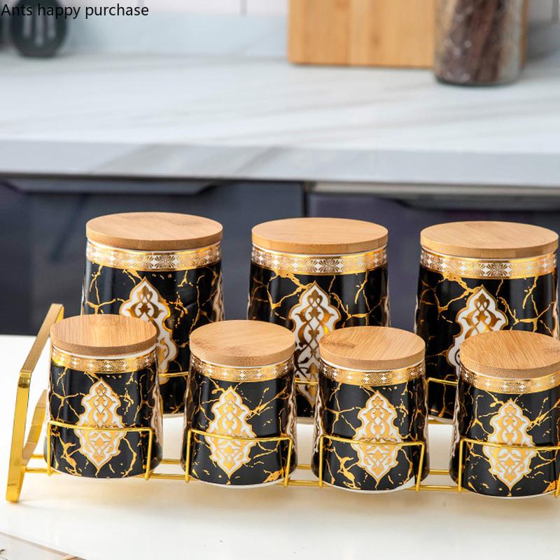 Kitchen Supplies Food Storage Box 7 Piece Set Whole Grains Ceramic Airtight Jar Storage Tank Wooden Cover Storage Home Organizer