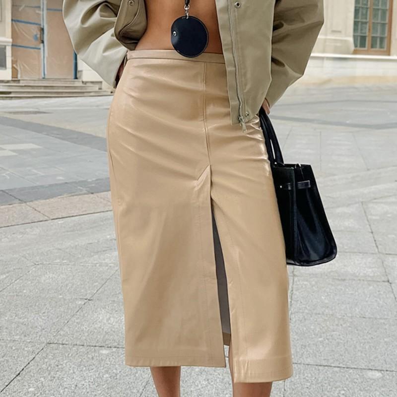 Vintage Khaki PU Midi Skirt High Waisted Split Straight Leg Workwear Women