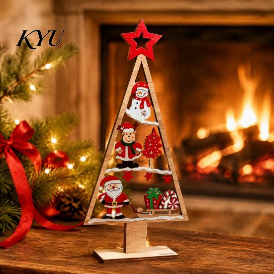 Vintage Style Xmas Decor Wooden Tabletop Christmas Tree Decor, Hollow Ornament, Farmhouse Desktop Ornament Centerpiece for Holiday Party Home
