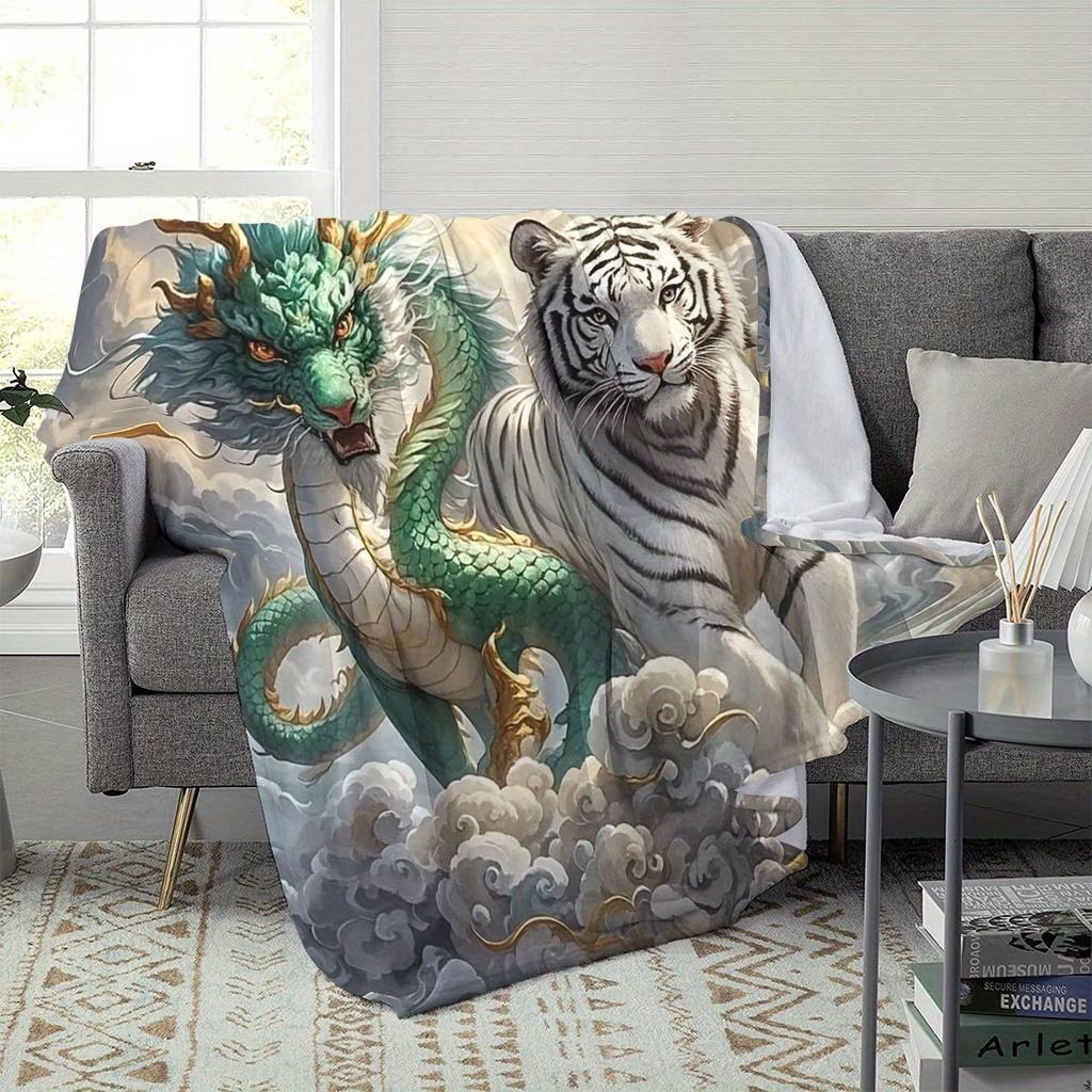 Chinese Dragon and White Tiger Print Throw Blanket - Mythical Fantasy Motif Soft Lightweight Accent for Sofa Bed Travel Gift