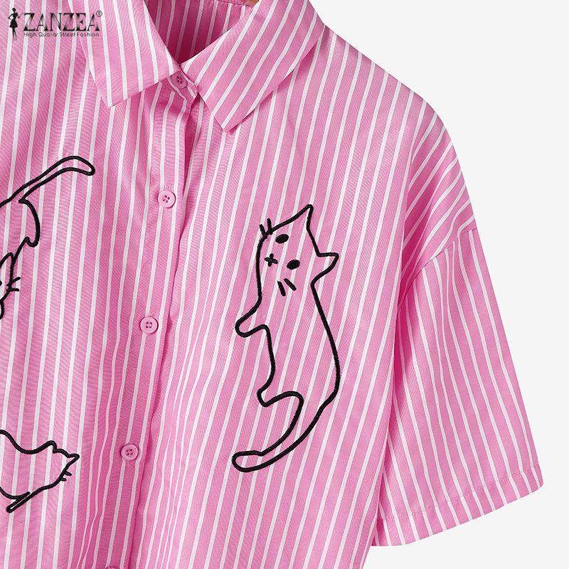 ZANZEA Women Turn Down Collar Loose Casual Short Sleeve Stripe Blouse