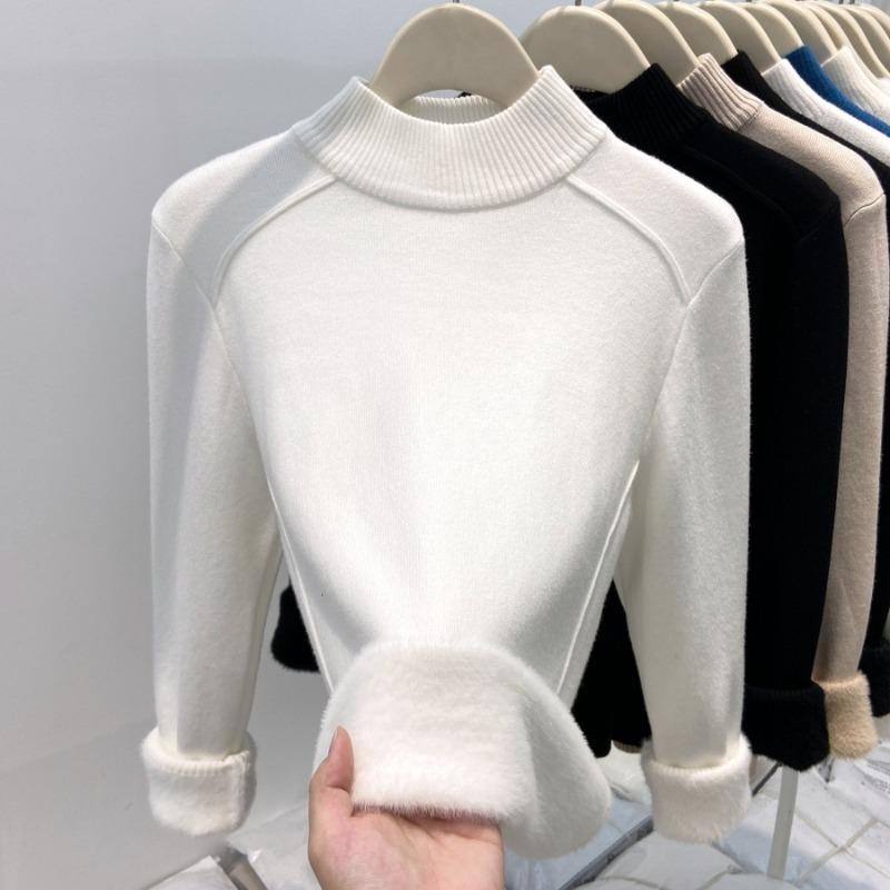 Fishbone line front shoulder semi-turtleneck inner top women's thickened integrated fleece long-sleeved shirt autumn and winter new bottoming shirt