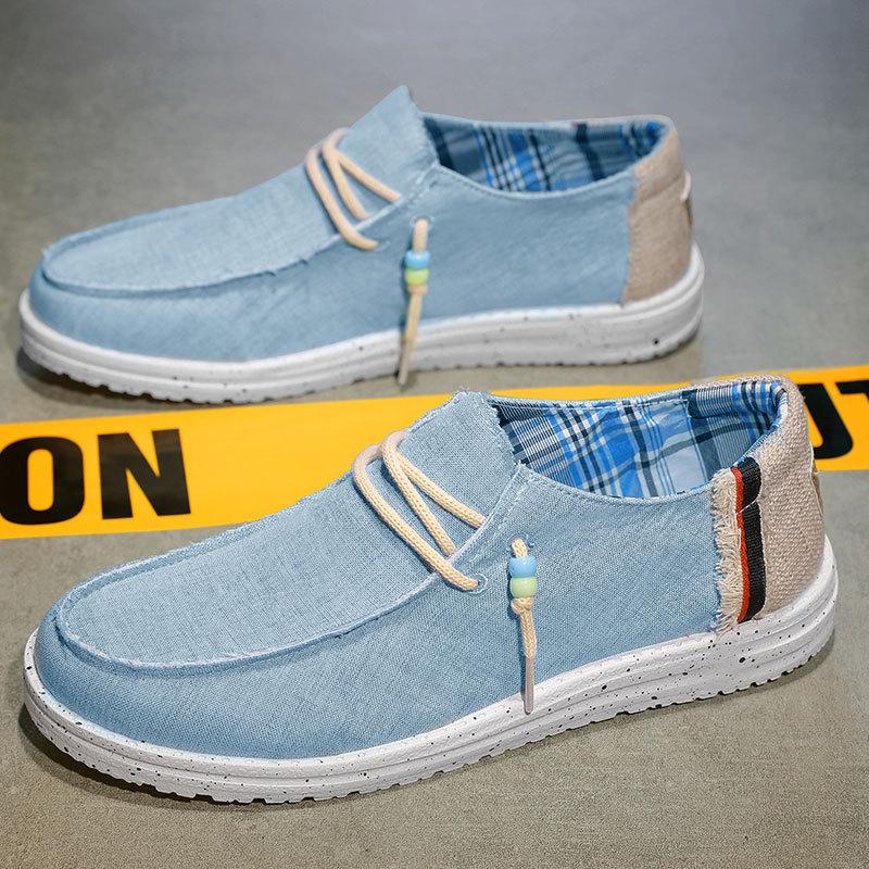 

Модная мужская повседневная обувь-лодочки, легкая обувь слипоны для вождения, мужская обувь с низким вырезом из дышащего холста, лоферы 2025 44 светло-синий