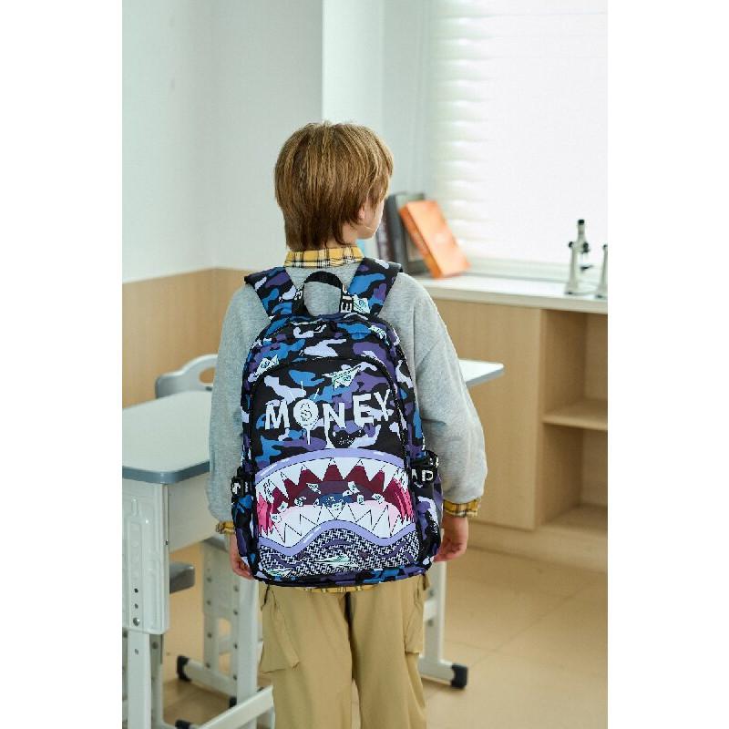 Kids Waterproof Nylon Backpack With Shark Print For Elementary School Use And Daily Carry