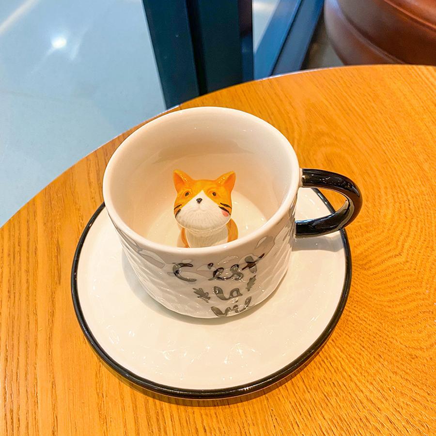 Juego de Taza y Platillo de Cerámica de Gato 3D
