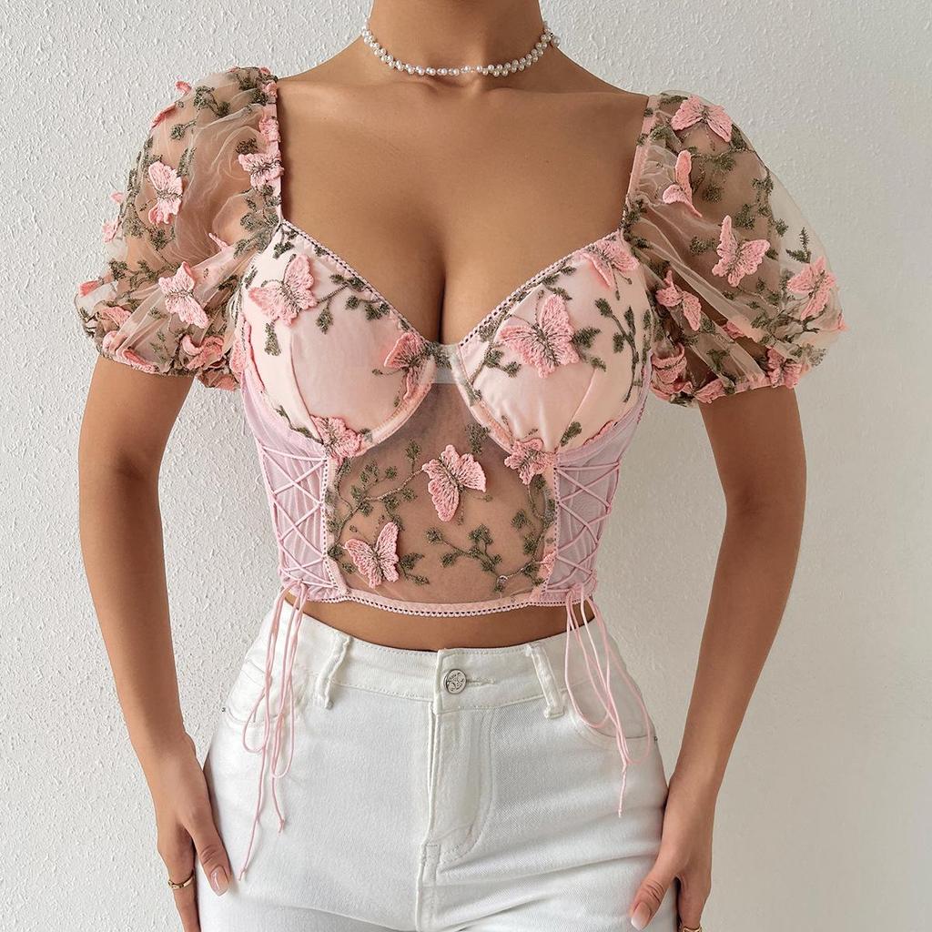 Women Sexy Lingerie Lace Tops Elegant Flower Puff Sleeve Sweetheart Neck Bodycon Blouse Fashion Versatile Street Tops