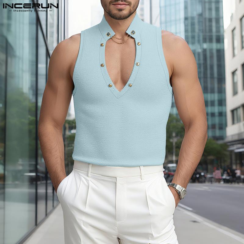 INCERUN Oversized Men Cutout Neck Sleeveless Texture Casual Tank Tops