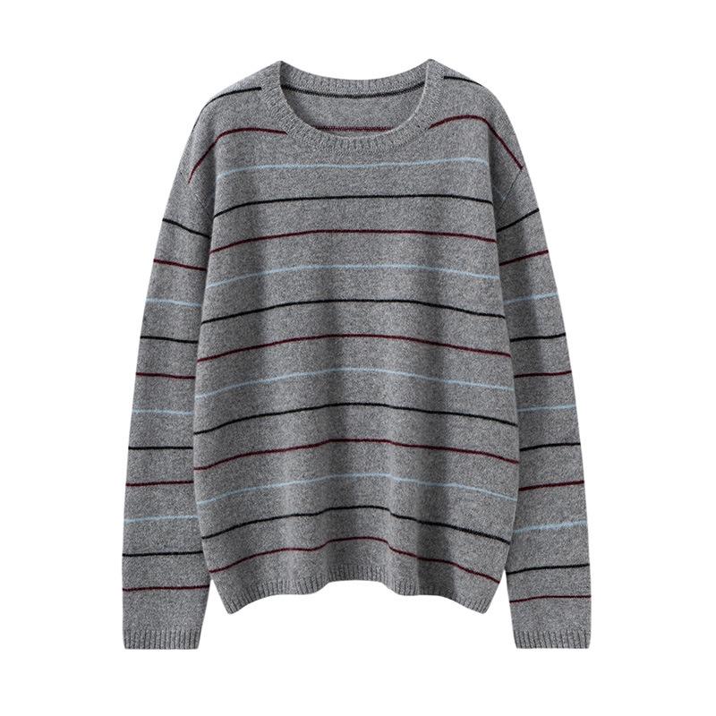 Women's Pure Cashmere Stripe Sweater - Autumn/Winter Loose Fit, Round Neck, Long Sleeve Pullover Jumper