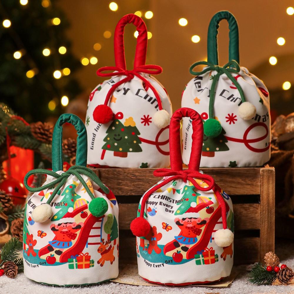 Christmas Gift Bags Cartoon Candy Bag with Bow Biscuits Apple Packaging Box Children's Drawstring Pouch Party Supplies Storage
