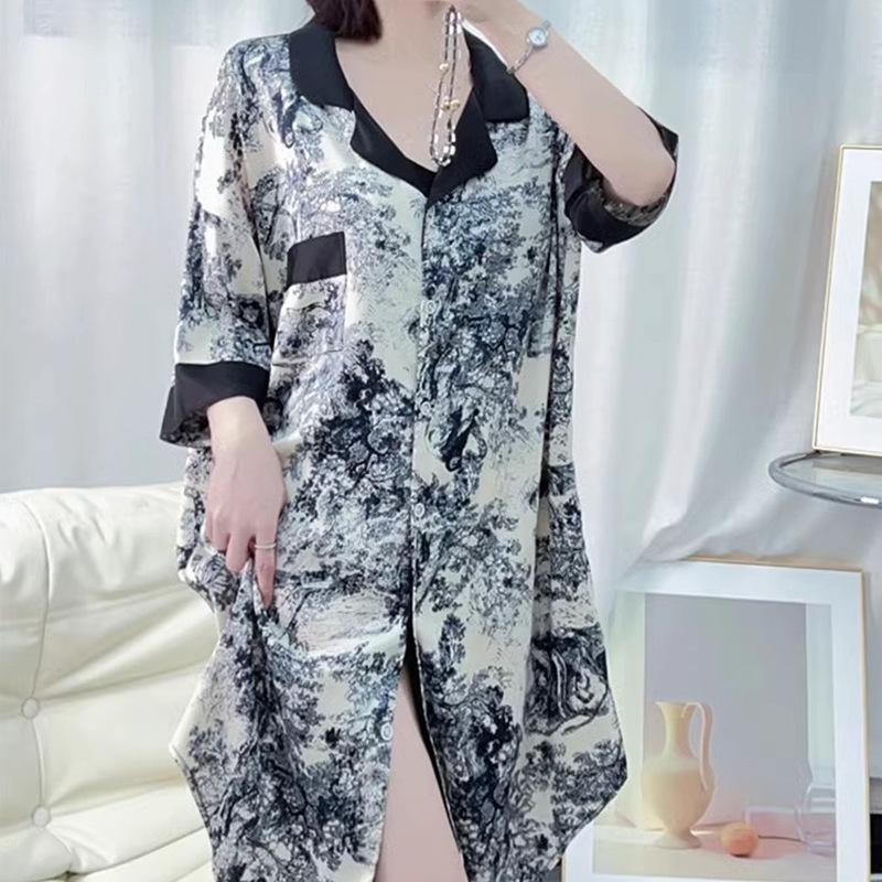 High-End National Style Ink Painting Flower Shirt Nightdress Simulation Silk Short Sleeve Loose Fashion Loungewear