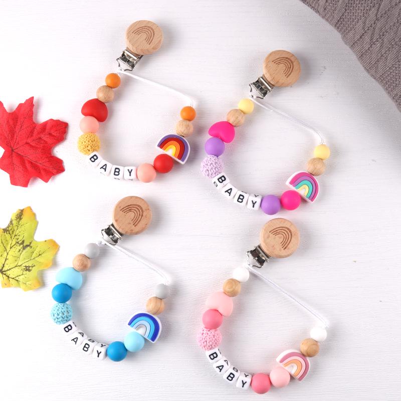 Rainbow Beech Wood Pacifier & Teether Anti-Drop Chain