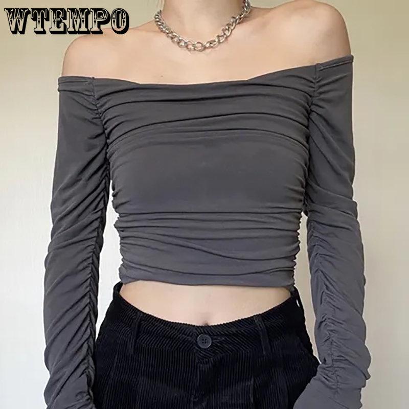 Spring Fall Vintage Sexy Slim T-Shirts Women Harajuku Kawaii Solid Tops Gilr's Korean Fashion Casual Off Shoulder Blouses