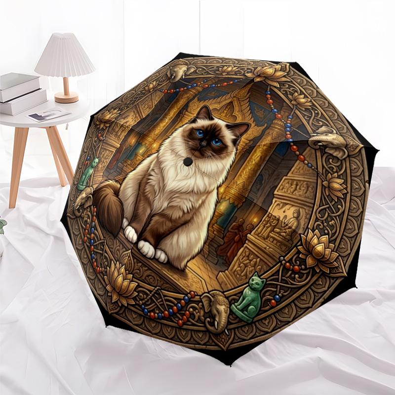 Temple Cat pattern umbrella, portable and foldable design, 8 ribs, a casual accessory for Halloween, Christmas, and birthday gifts.