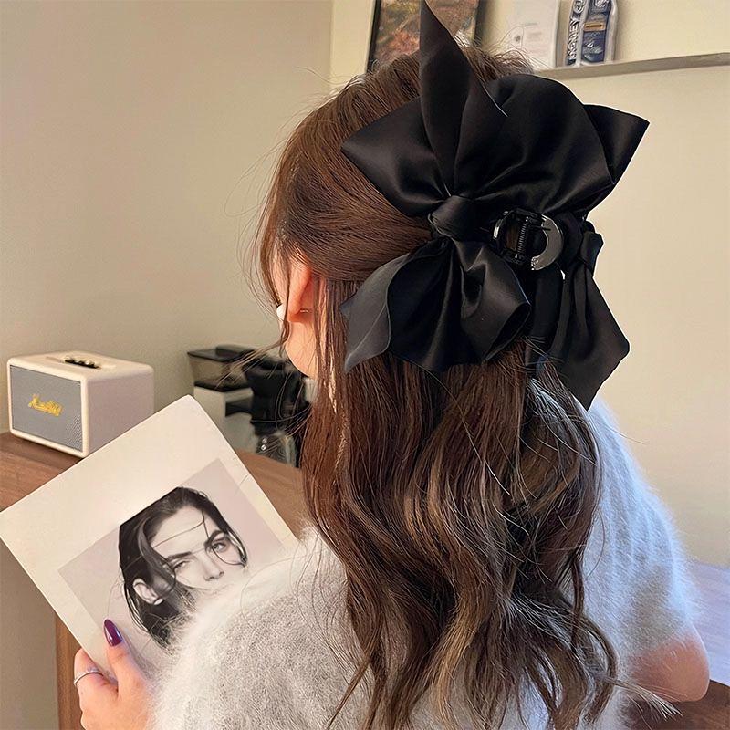 Oversized Black Satin Bow Clip High-End Hair Clip For Women'S Back Of The Head Shark Clip