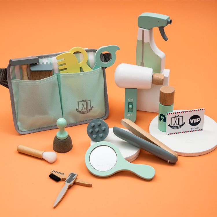 Yumu Wooden Barber Role Play Set for Kids: Pretend Play Hair Cutting & Makeup Tools