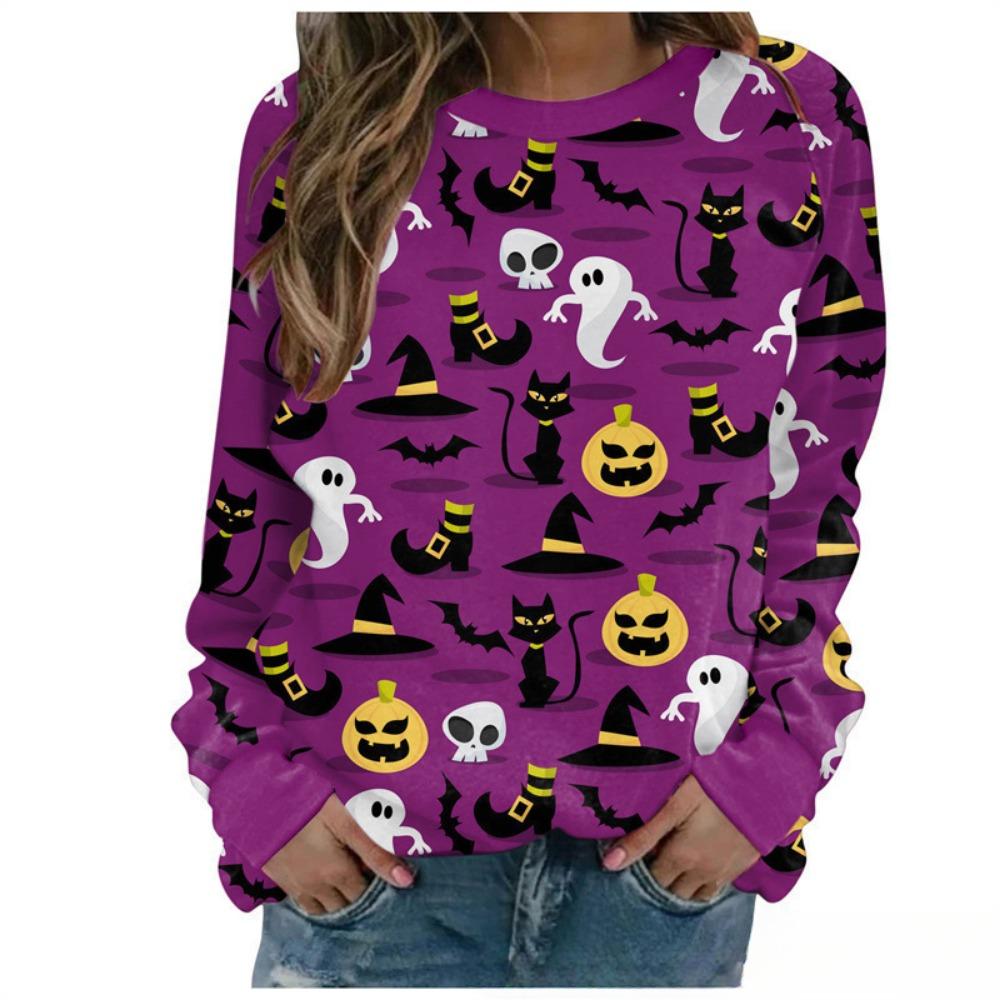 Fashionable 3D digital printed Halloween ghost pattern women's round neck long sleeved T-shirt