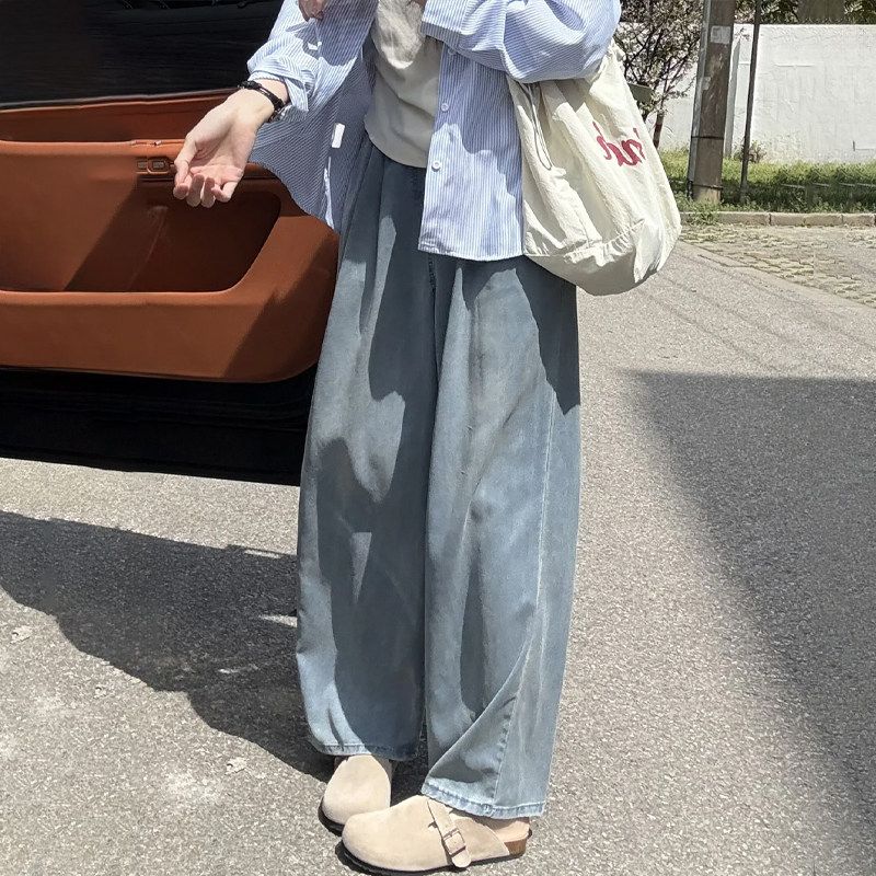 Tencel Jeans Women Summer Thin Fat Sister Slimming Pear-Shaped Figure Elastic Waist Drape Straight Wide-Leg Trousers Blue-Regular S
