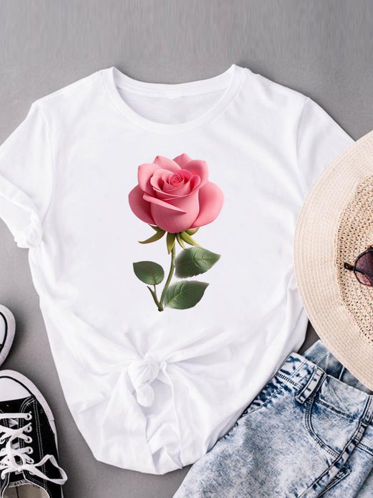 (Asian Size)  watercolor love flower Print Short Sleeve T-shirts Fashion Female Casual Women's Top T Clothing  Graphic Tee