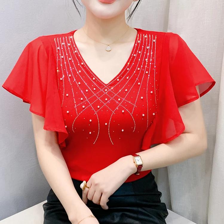 Summer European Women T-Shirt Clothes Sexy V-neck Luxury Hot Diamonds Tops Chic Female Short Sleeve All Match Tees