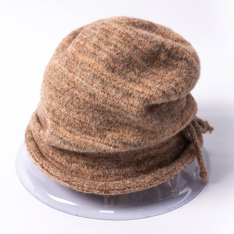 Grey Crimped Knitted Wool Hat Women's Autumn and Winter Face Small Pile Hat Big Head Circumference Ear Protection Warm Pullover Couple Hat