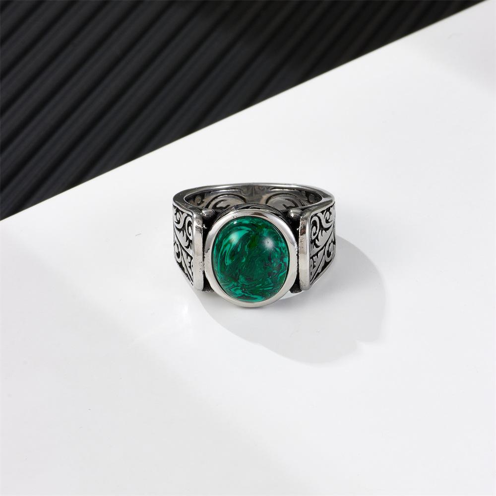 Titanium Steel Malachite Ring Men'S, Stainless Steel Personalized Retro Natural Stone Men'S Ring Ring, Jewelry