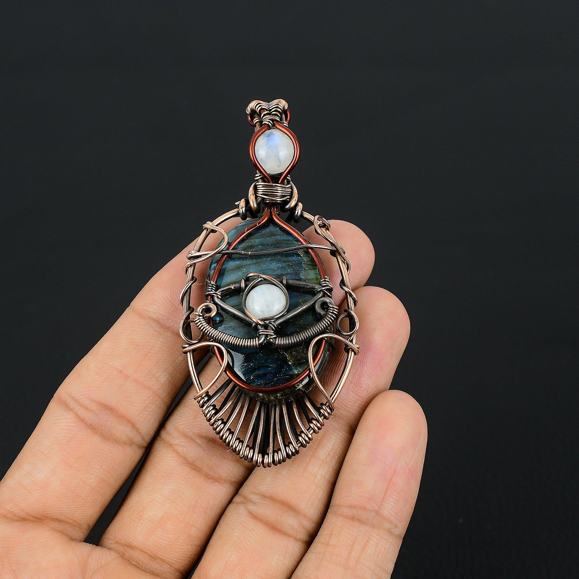

Labradorite & Rainbow Moonstone Pendant, Handmade Gemstone 999 Copper Wire Wrapped Pendant Antique Jewelry, For Gift Silver Jewelry