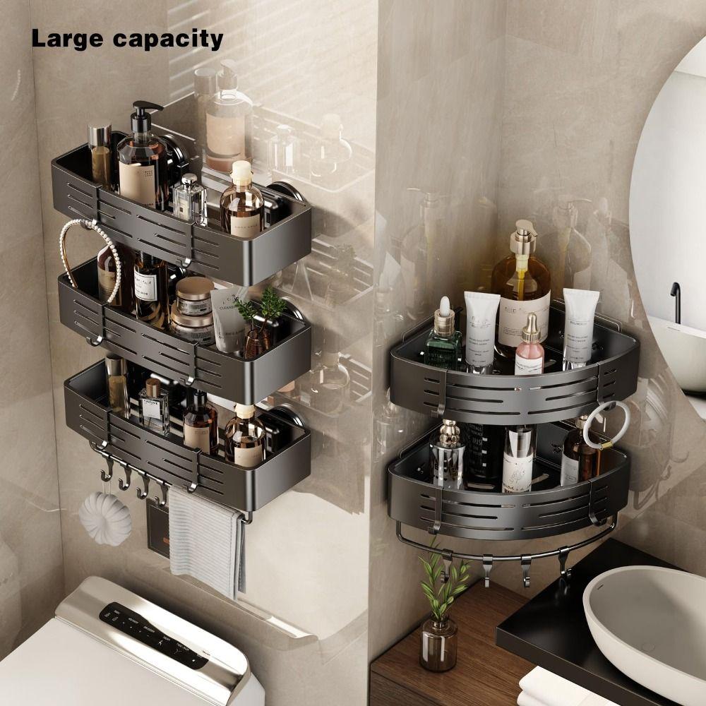 Suction Cup Shower Shelf Towel Bar Bathroom Storage Space Saving Corner Rack  Home Decor