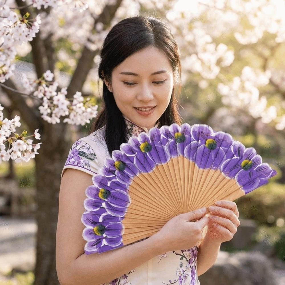 Wooden Cheongsam Dance Fan Hand-Painted Pattern Ancient Flower Fan Folding Fan  Cultural Event