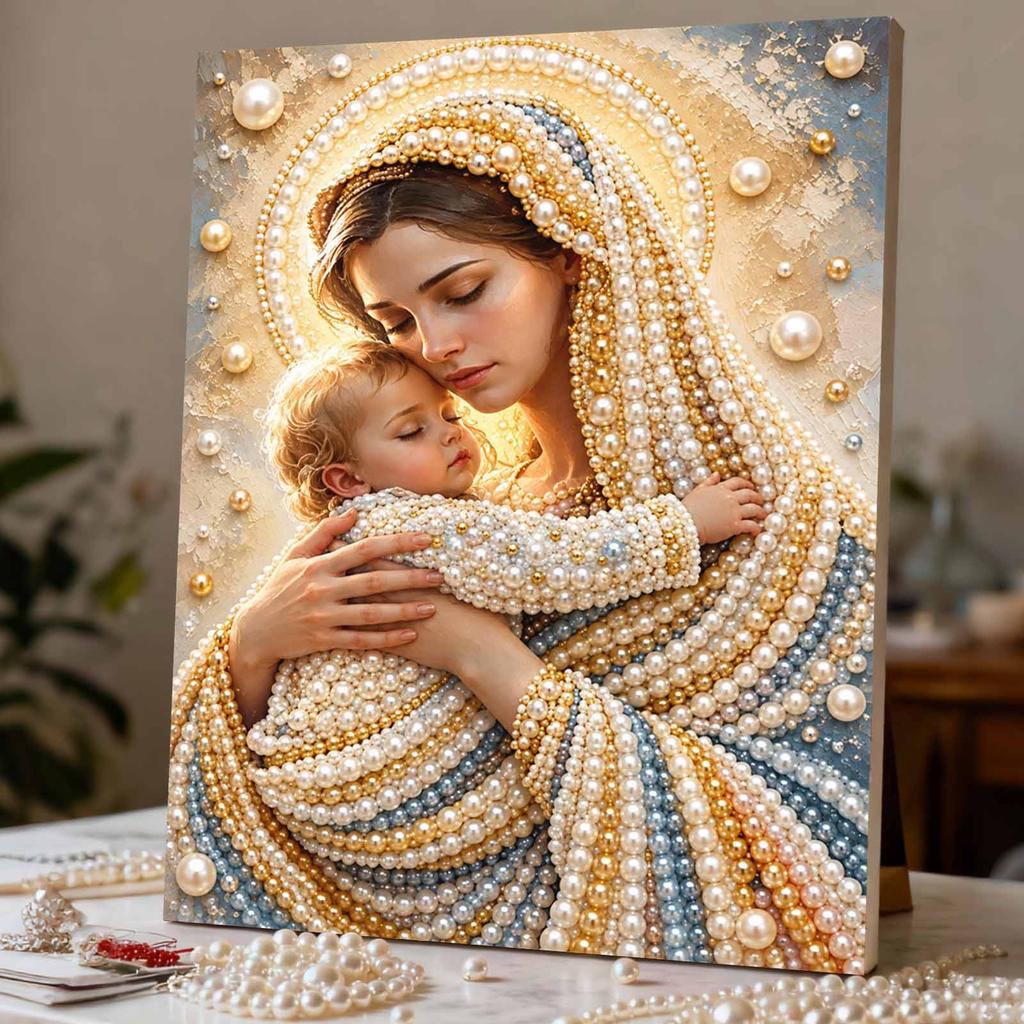 Holy Virgin and Child Pearl Bead Painting with Frame Shiny Canvas Art Creative Handmade Craft Desk Decor Gift for Religious Art Lovers