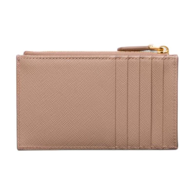 Prada Saffiano Enamel Metal Triangle Logo Zipper Closure Cowhide Card Holder Women's Nude Pink
