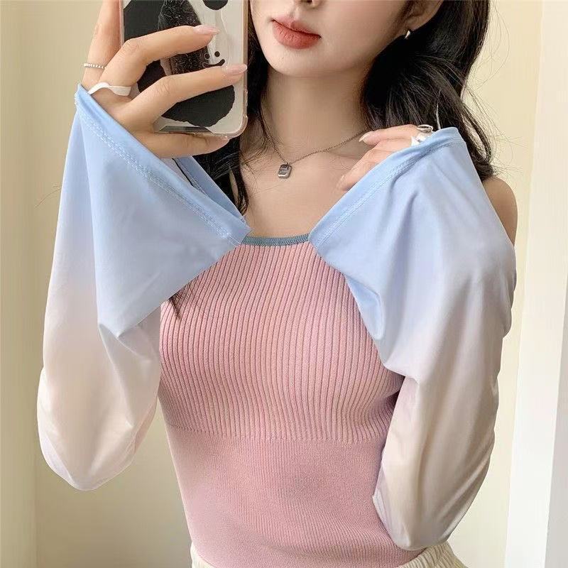 Ice Sleeve Gradient Color Support Sun Protection Sleeve Set, Women S Ice Silk Trumpet Sleeve, Outdoor Uv Protection, Summer Arm