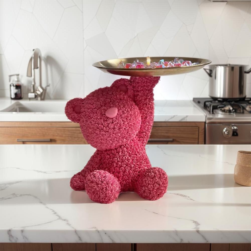 Roses Bear Storage Tray Key Candy Storage Ornament Exquisite Bear Statue Tray Decor Multifunction Bear Figurines for Home Decor
