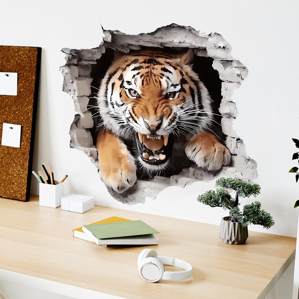 Faux Tiger Breaking Through Wall Children's Bedroom Entrance Hall Home Decor Self-Adhesive Wall Decal
