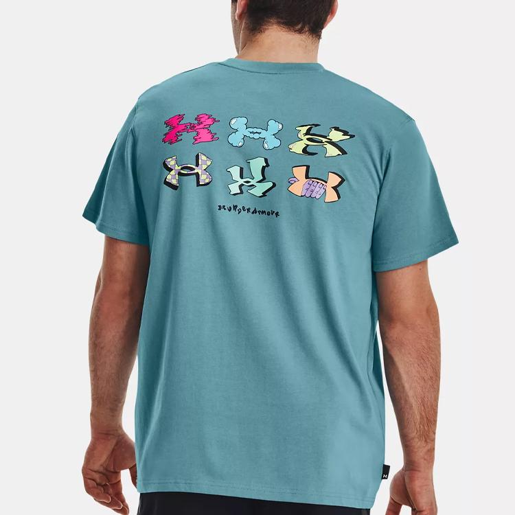 Under Armour Letter Logo Print Crew Neck Sports Tee Men Tops Static-Blue 1376837-400